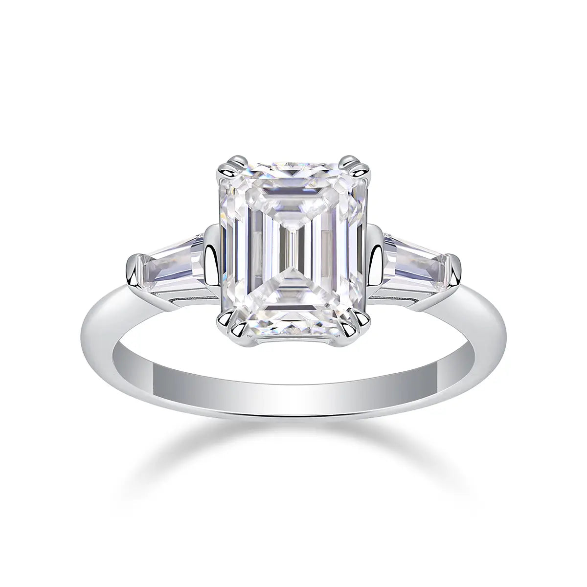 Sleek 3ct Moissanite Engagement Ring, Emerald Cut with Side Stones