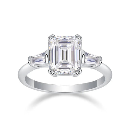 Sleek 3ct Moissanite Engagement Ring, Emerald Cut with Side Stones