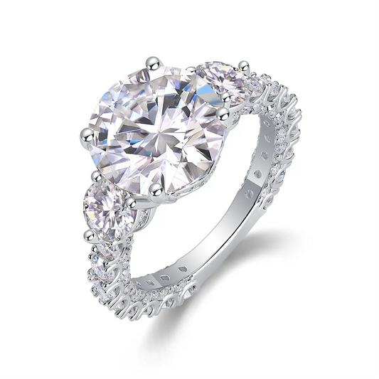 Luxury 5 Carat Round Moissanite Engagement Ring with Three-Stone Design and Pavé Band