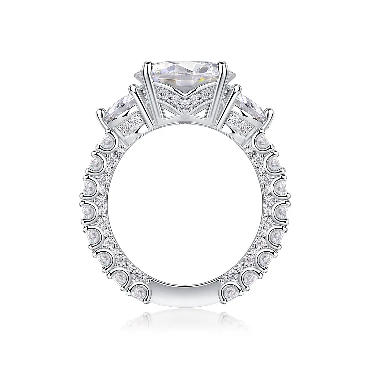 Luxury 5 Carat Round Moissanite Engagement Ring with Three-Stone Design and Pavé Band