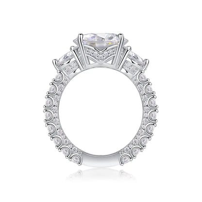 Luxury 5 Carat Round Moissanite Engagement Ring with Three-Stone Design and Pavé Band