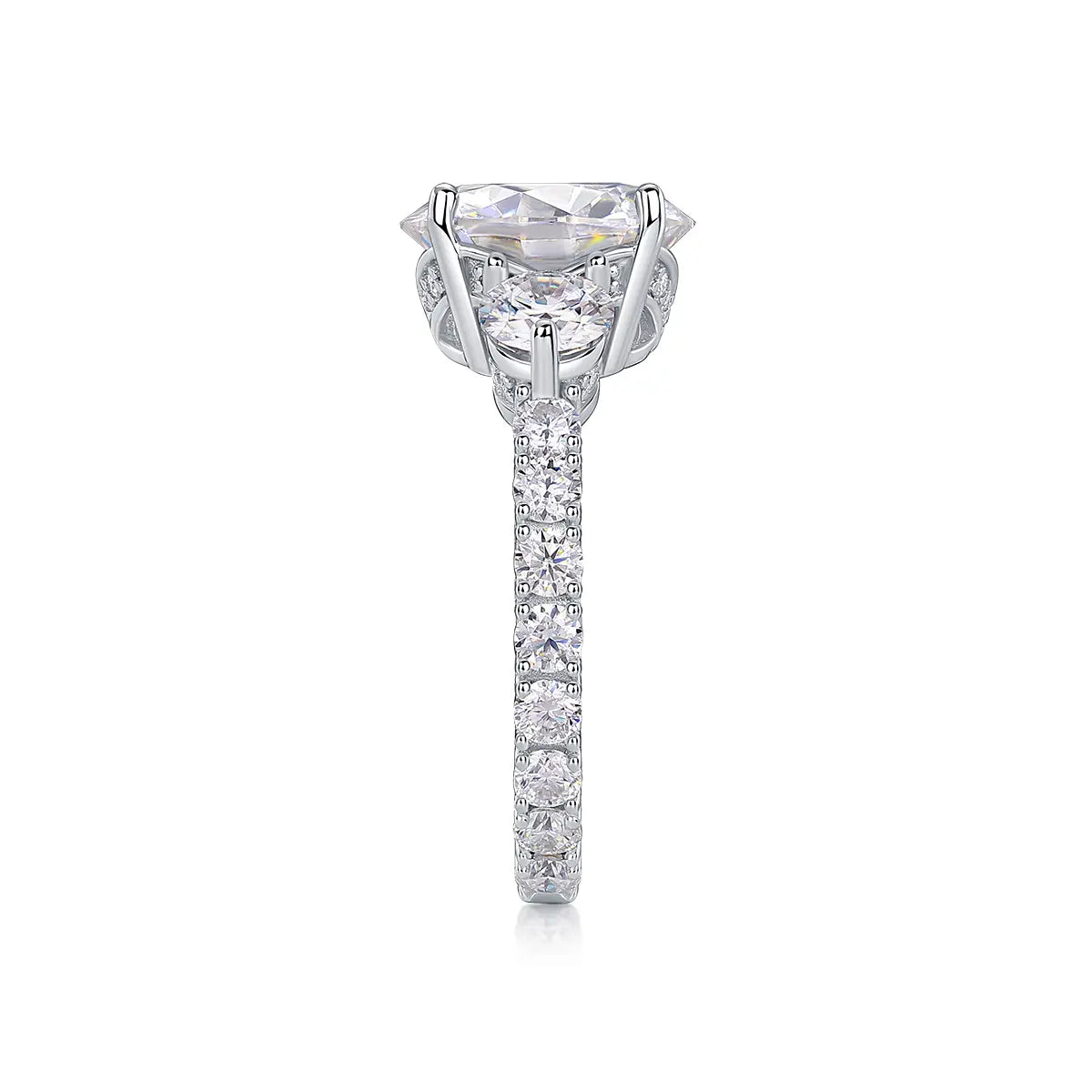 Luxury 5 Carat Round Moissanite Engagement Ring with Three-Stone Design and Pavé Band