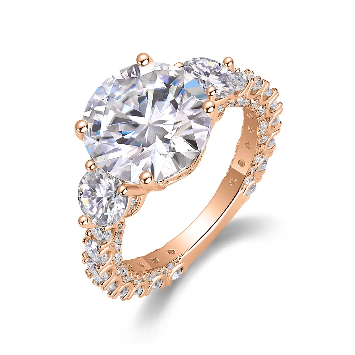 Luxury 5 Carat Round Moissanite Engagement Ring with Three-Stone Design and Pavé Band