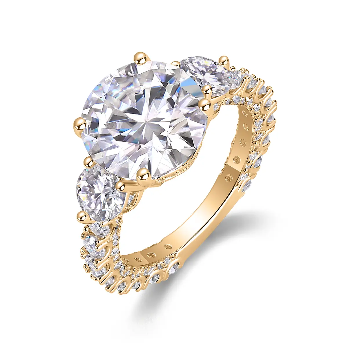 Luxury 5 Carat Round Moissanite Engagement Ring with Three-Stone Design and Pavé Band