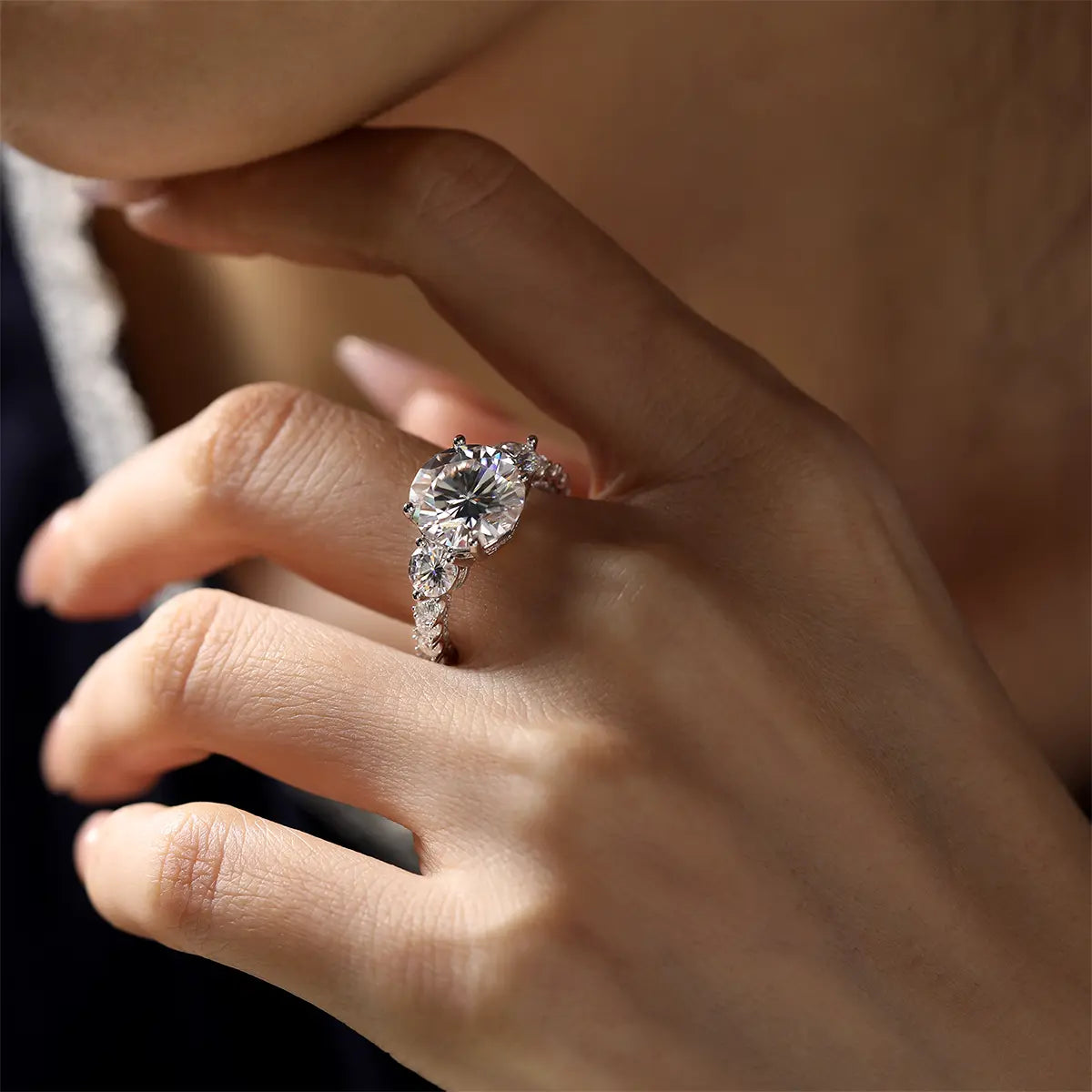 Luxury 5 Carat Round Moissanite Engagement Ring with Three-Stone Design and Pavé Band