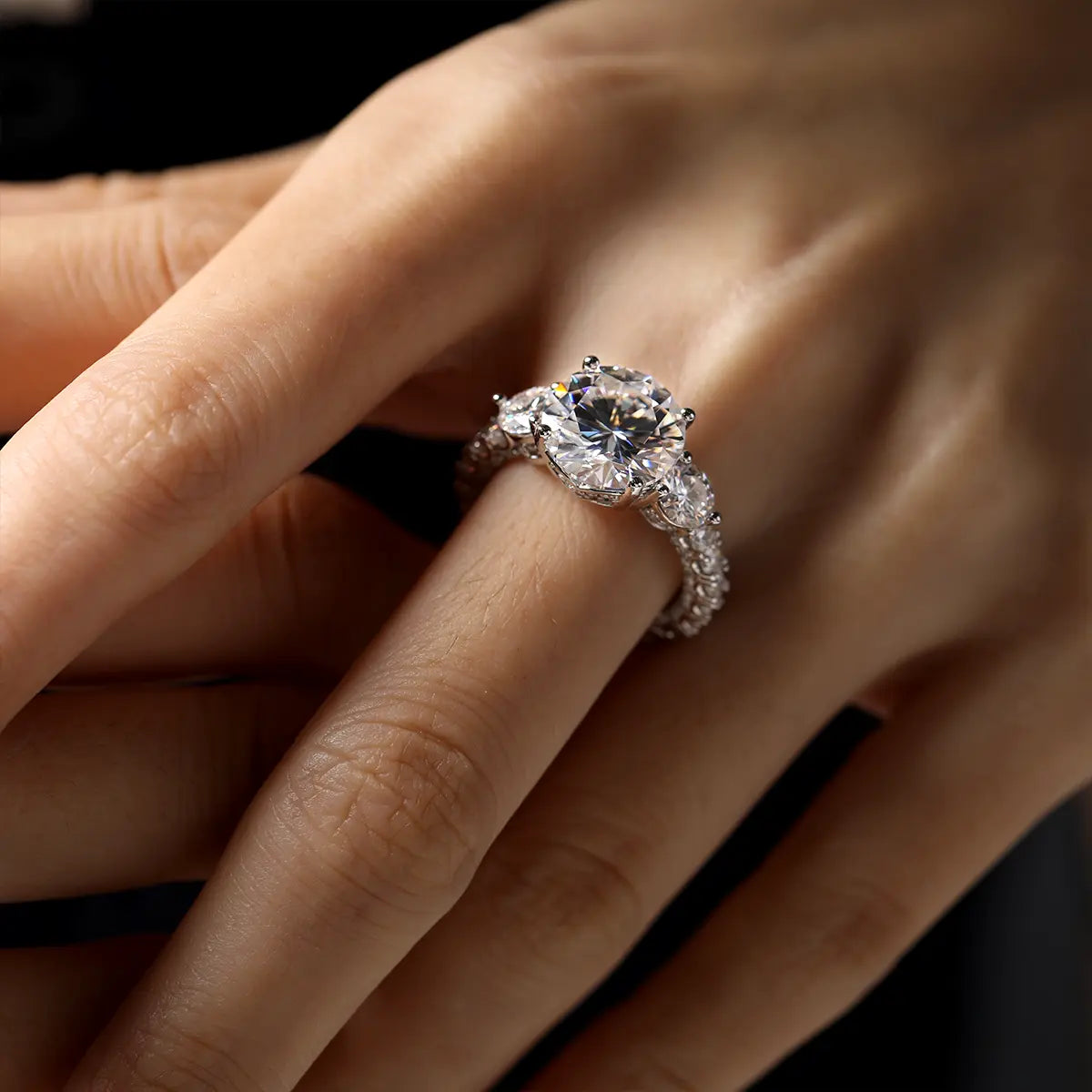 Luxury 5 Carat Round Moissanite Engagement Ring with Three-Stone Design and Pavé Band