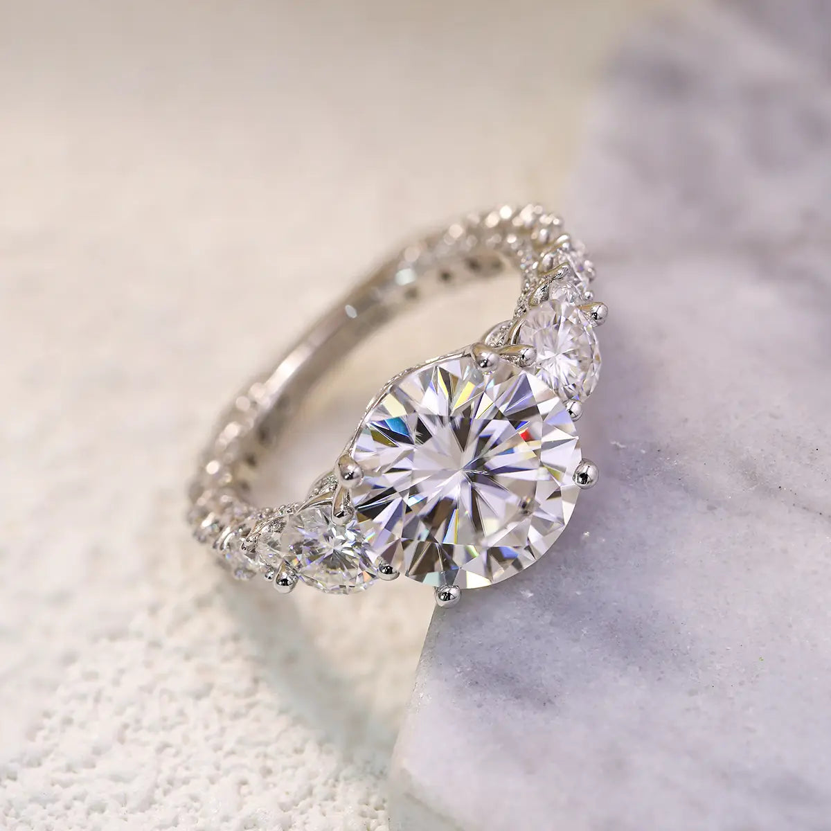 Luxury 5 Carat Round Moissanite Engagement Ring with Three-Stone Design and Pavé Band