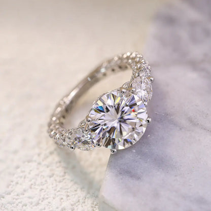Luxury 5 Carat Round Moissanite Engagement Ring with Three-Stone Design and Pavé Band