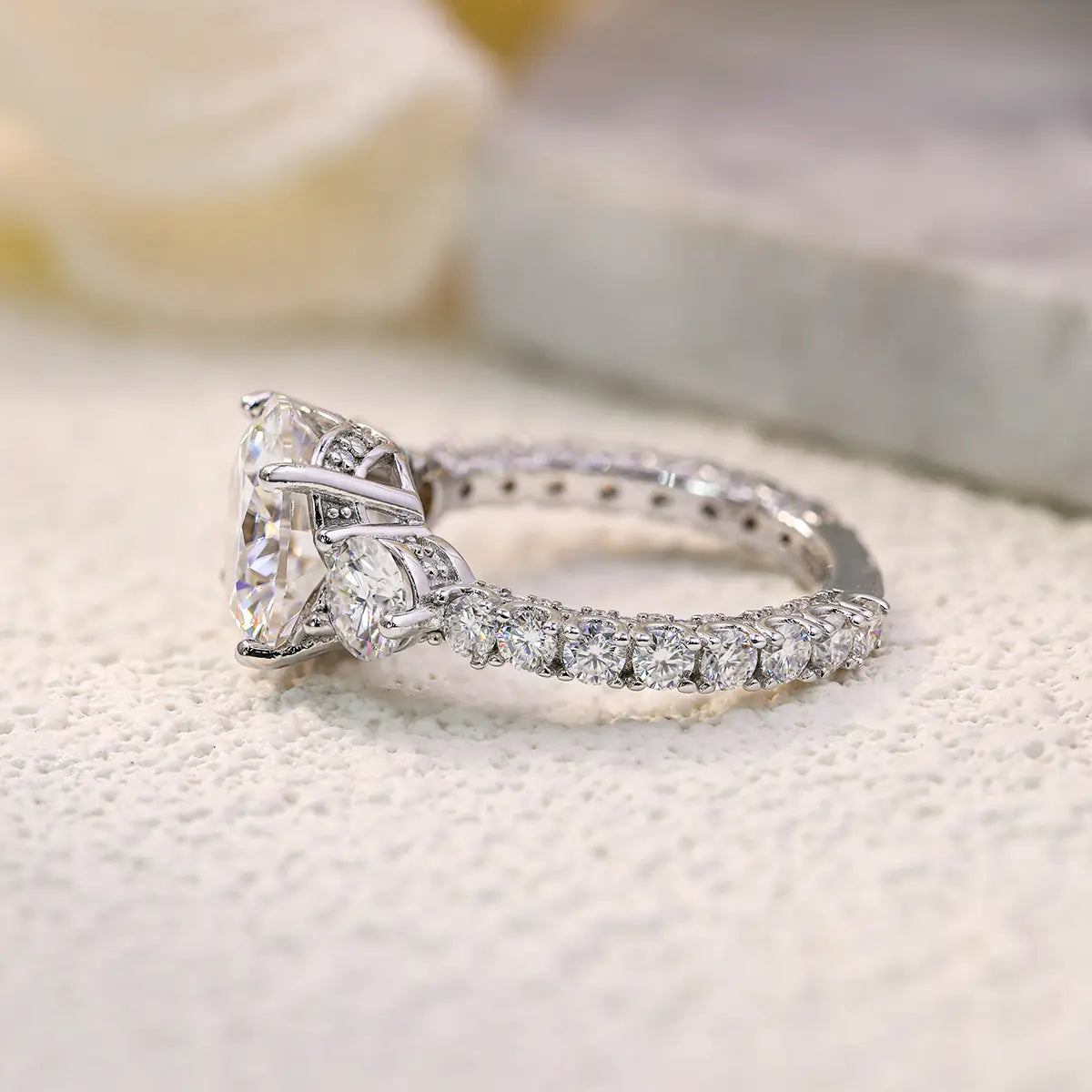 Luxury 5 Carat Round Moissanite Engagement Ring with Three-Stone Design and Pavé Band