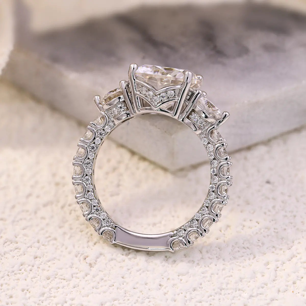 Luxury 5 Carat Round Moissanite Engagement Ring with Three-Stone Design and Pavé Band