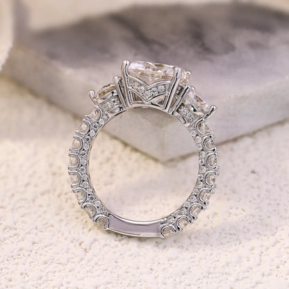 Luxury 5 Carat Round Moissanite Engagement Ring with Three-Stone Design and Pavé Band