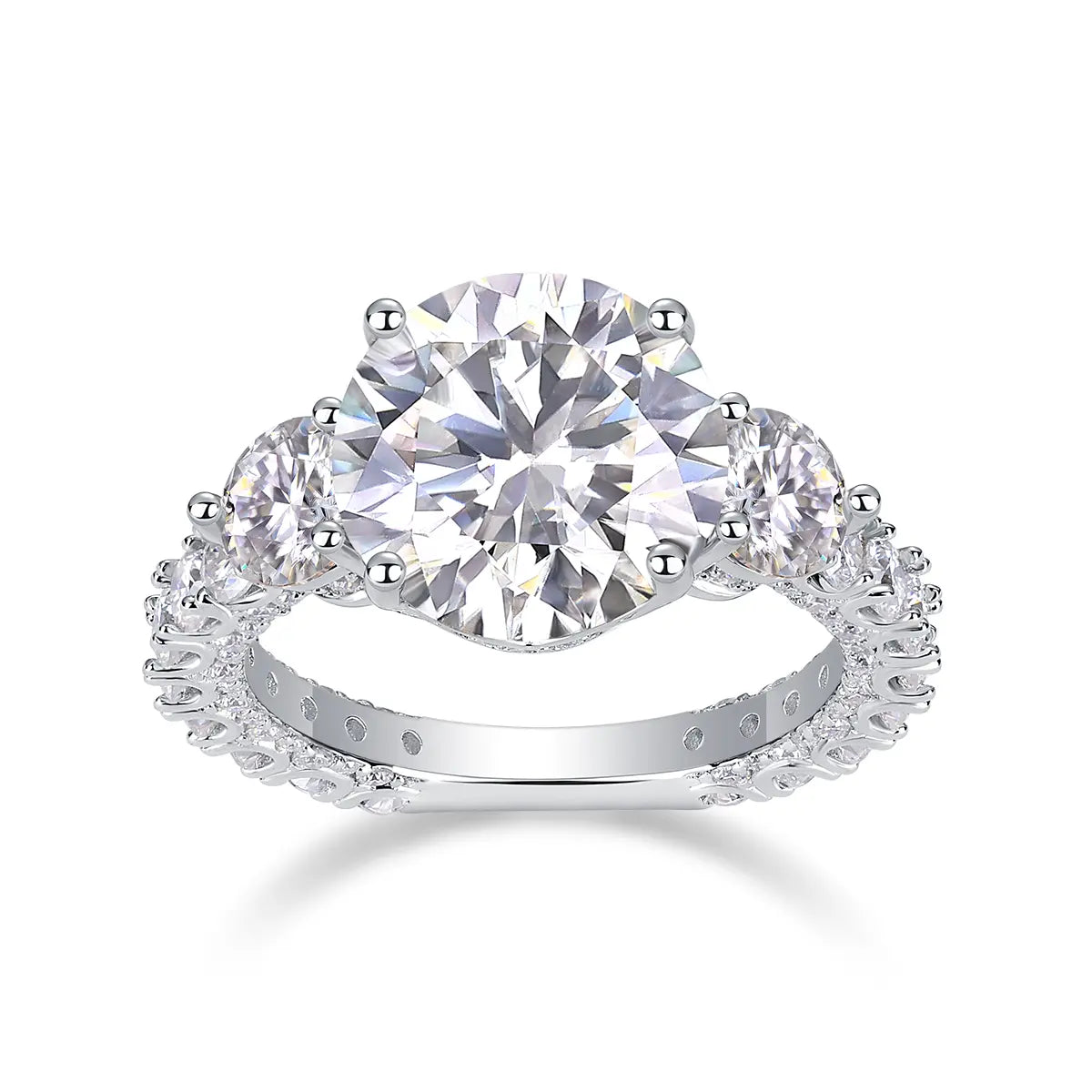 Luxury 5 Carat Round Moissanite Engagement Ring with Three-Stone Design and Pavé Band