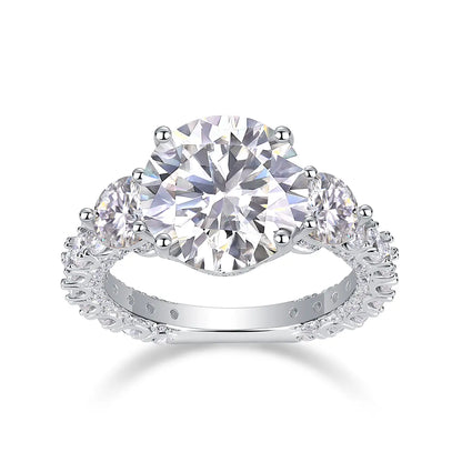 Luxury 5 Carat Round Moissanite Engagement Ring with Three-Stone Design and Pavé Band