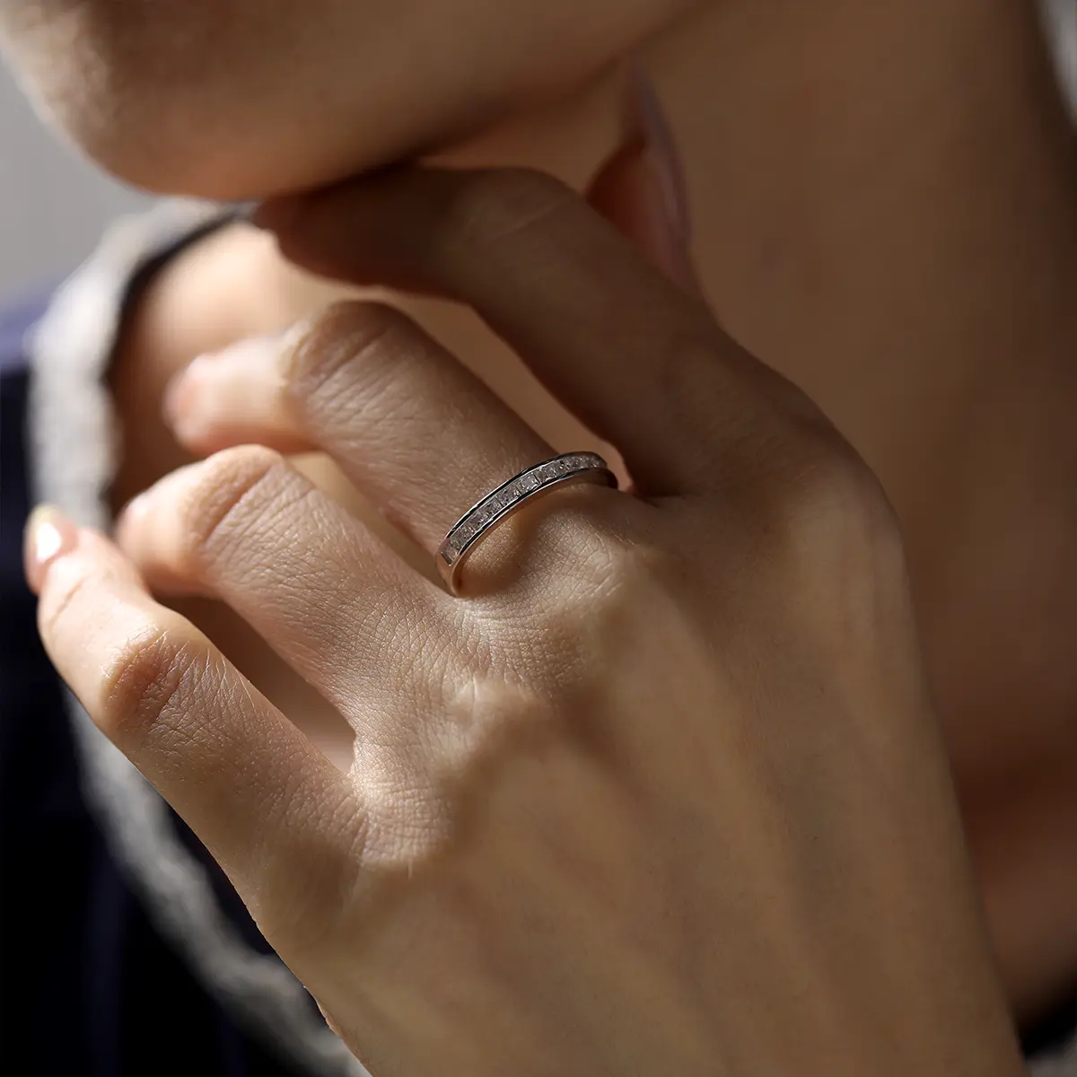 Dainty 2mm moissanite half eternity ring, perfect for stacking or daily wear