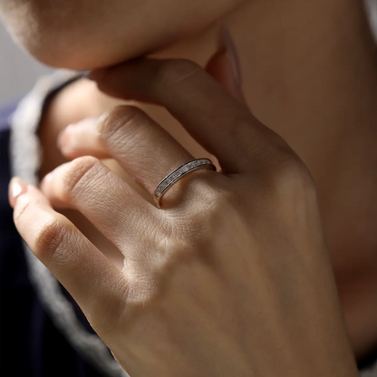 Dainty 2mm moissanite half eternity ring, perfect for stacking or daily wear