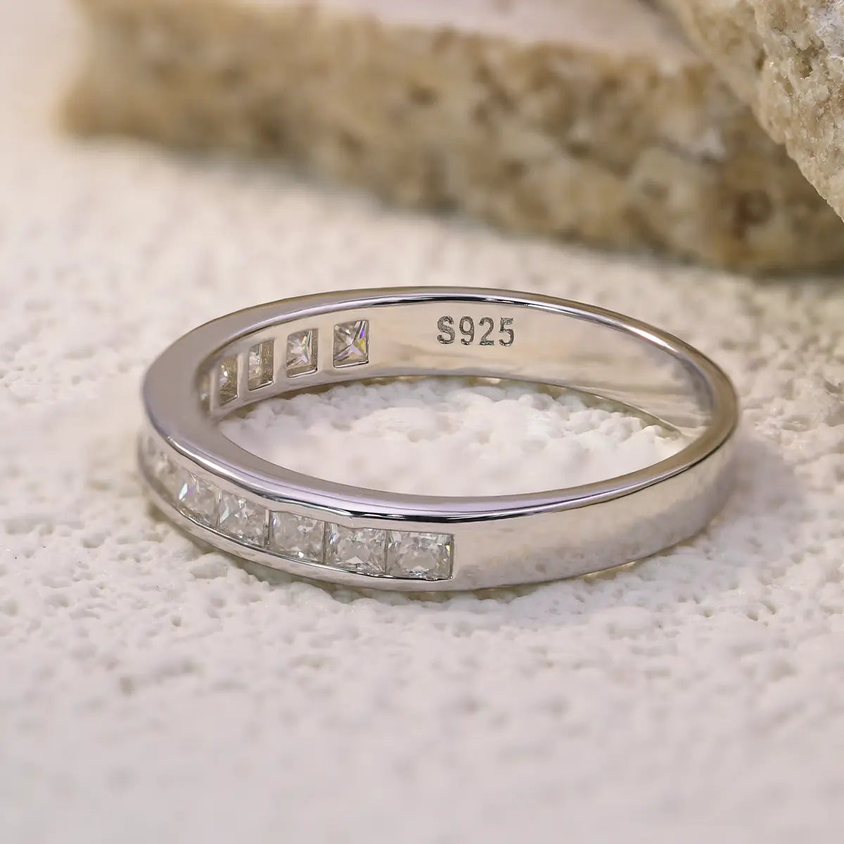 Dainty 2mm moissanite half eternity ring, perfect for stacking or daily wear