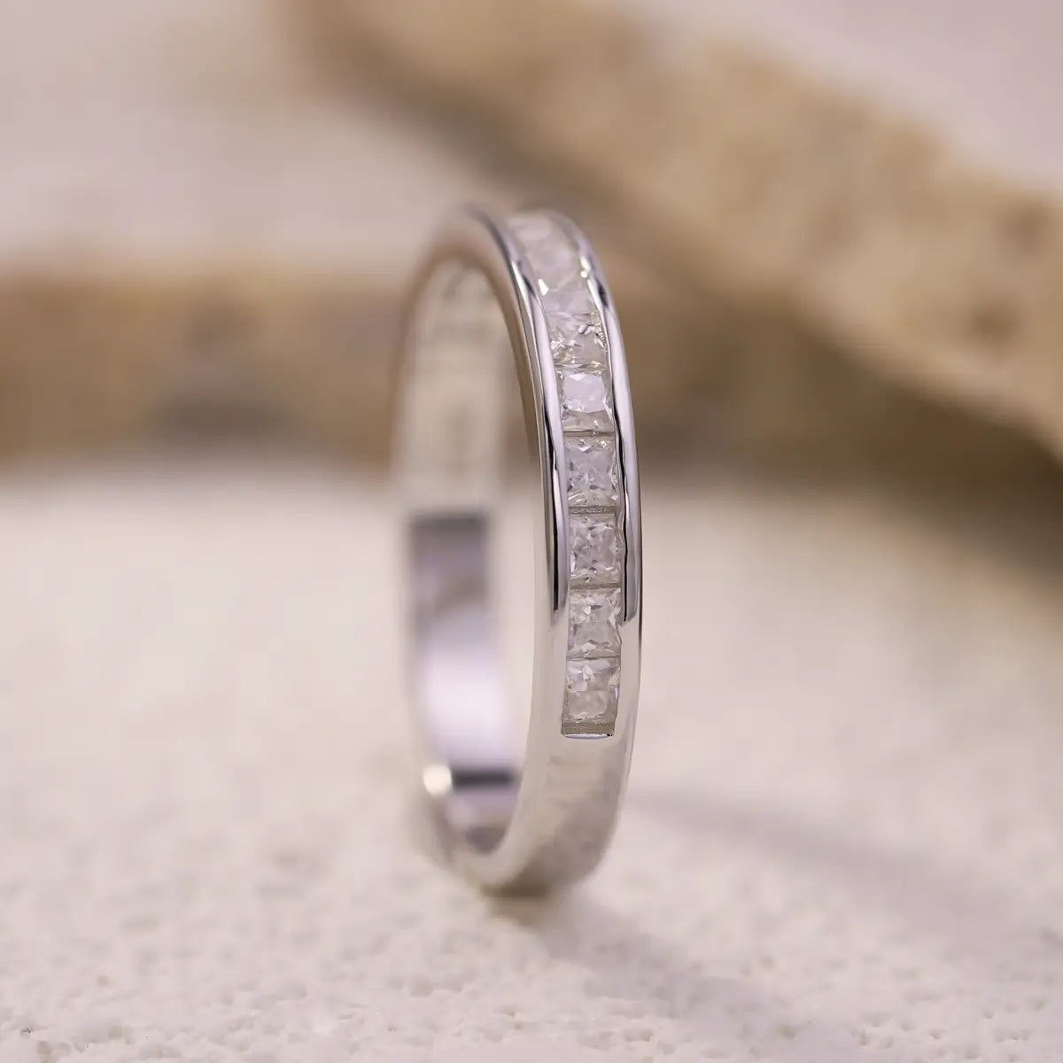 Dainty 2mm moissanite half eternity ring, perfect for stacking or daily wear