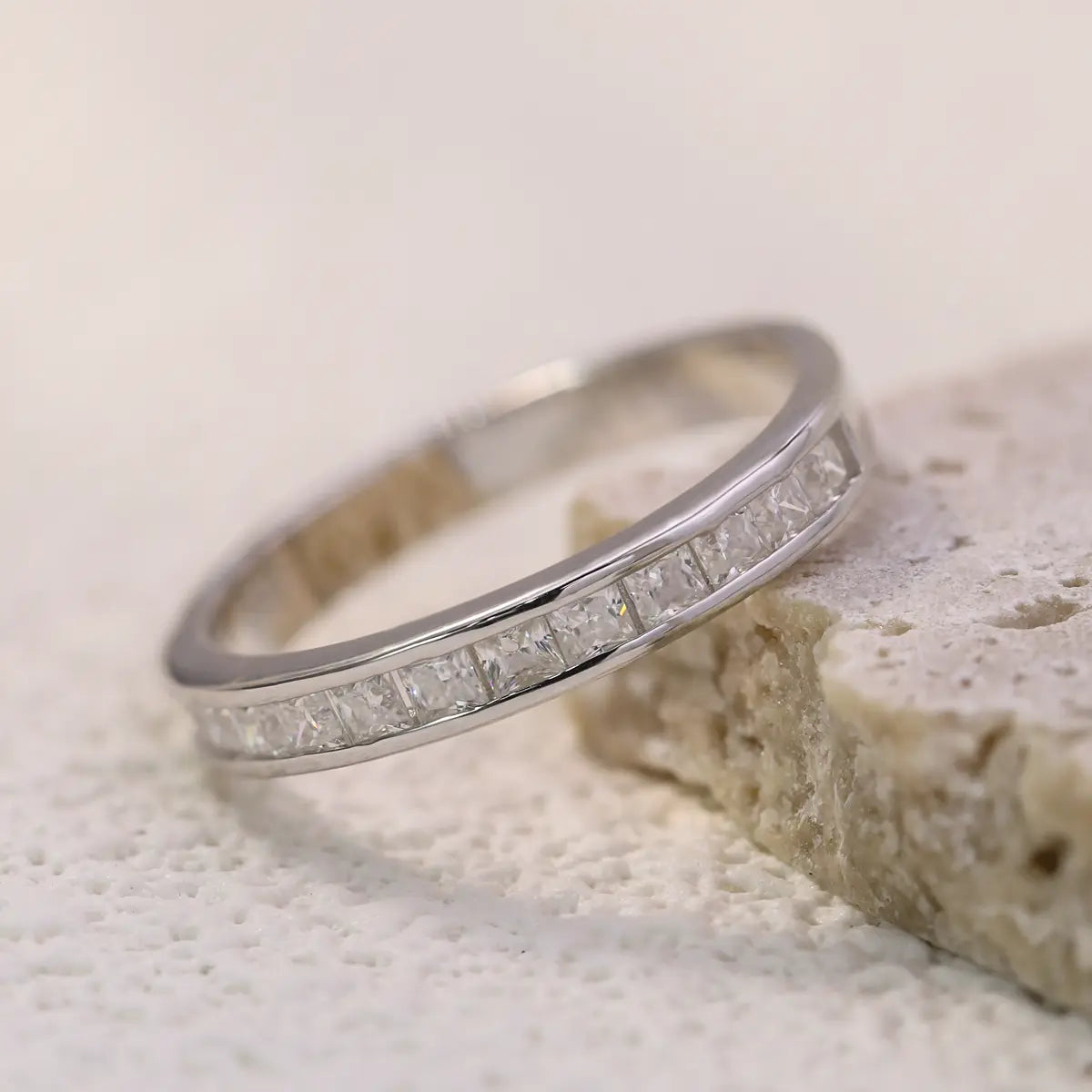 Dainty 2mm moissanite half eternity ring, perfect for stacking or daily wear