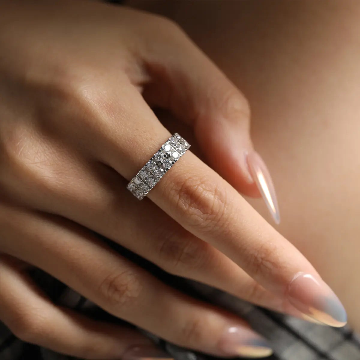 Elegant moissanite double row eternity ring with brilliant round cut stones