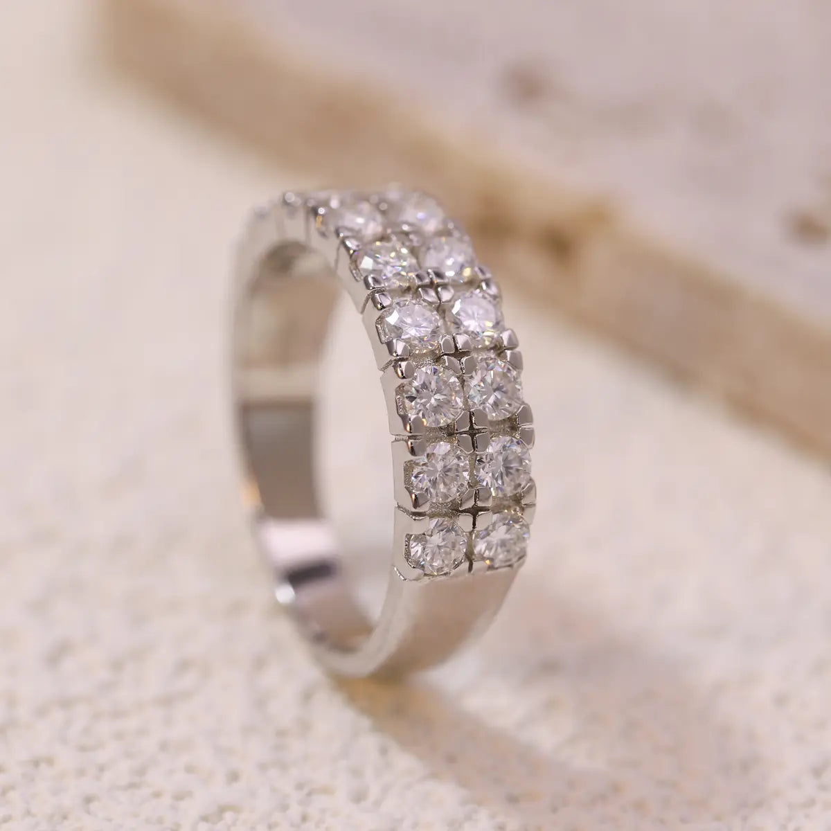 Elegant moissanite double row eternity ring with brilliant round cut stones