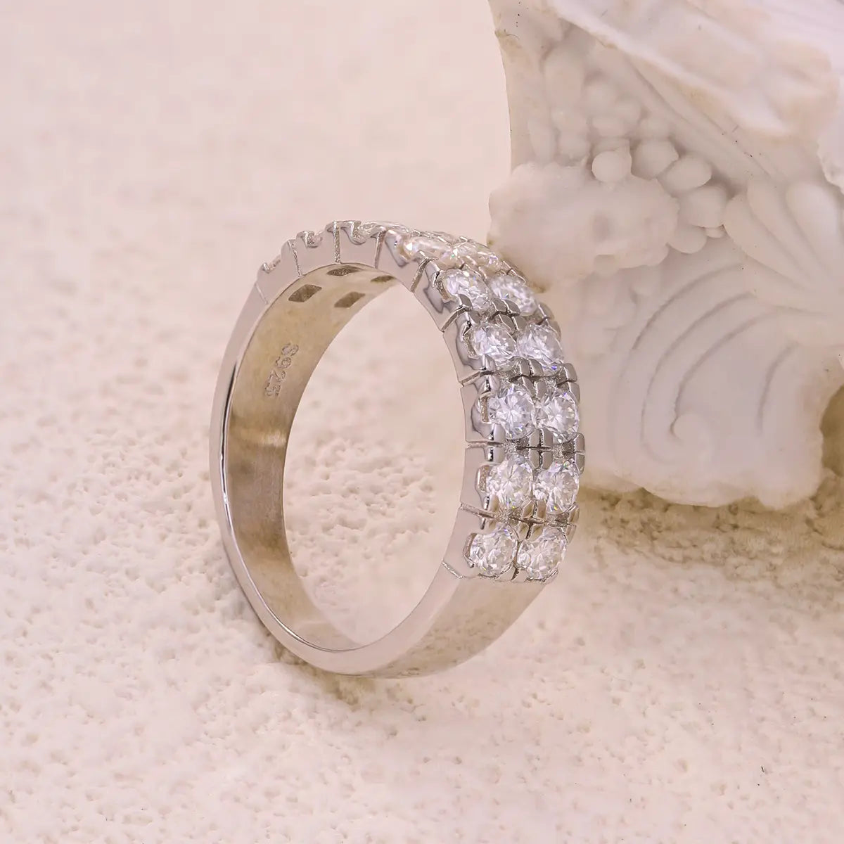 Elegant moissanite double row eternity ring with brilliant round cut stones