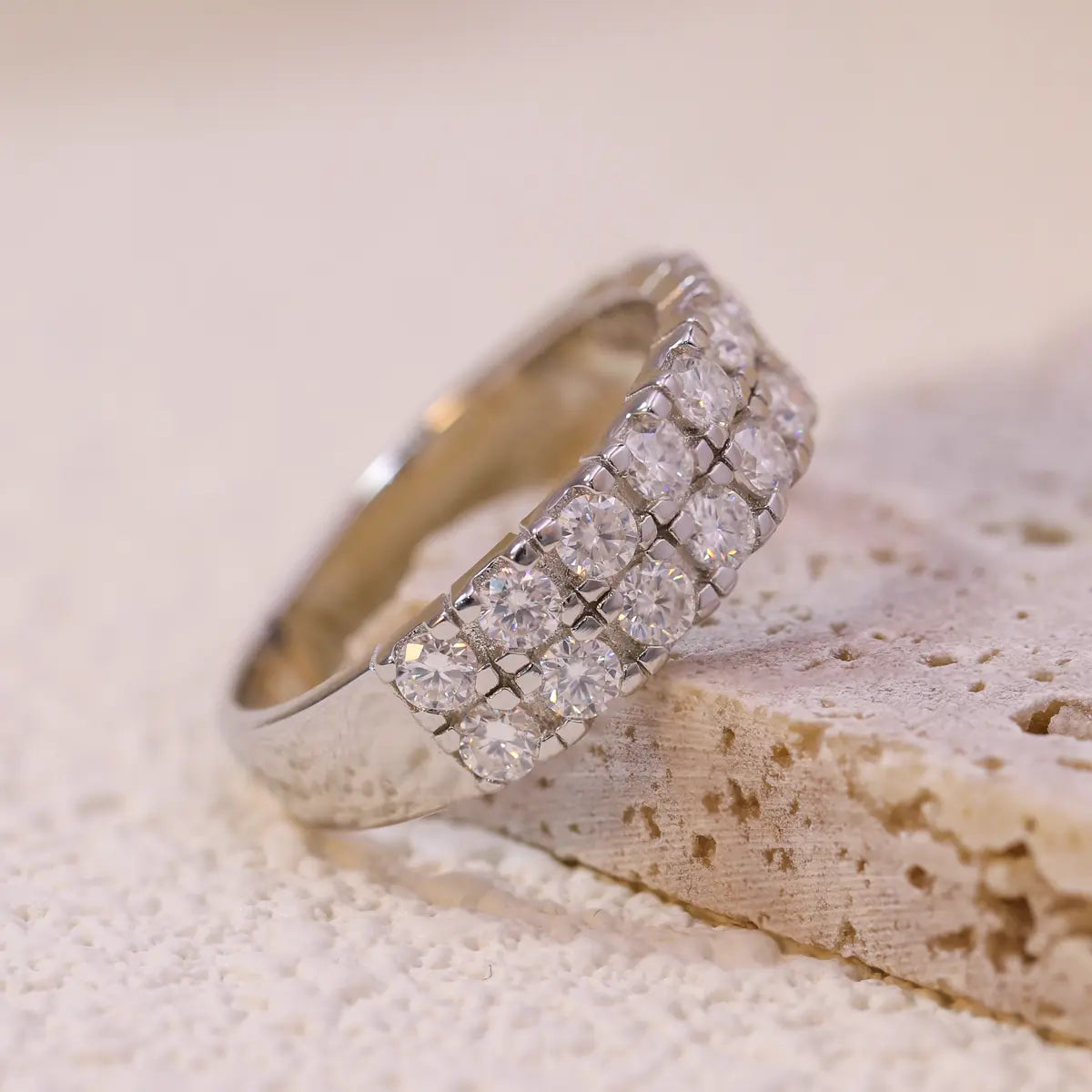 Elegant moissanite double row eternity ring with brilliant round cut stones