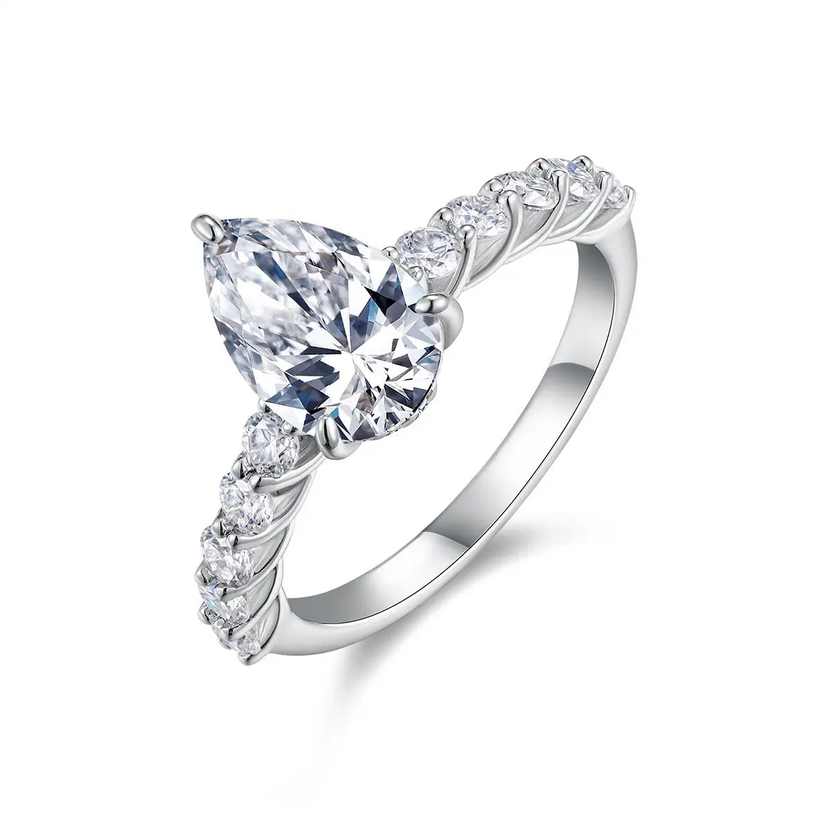 3ct Pear Cut Moissanite Engagement Ring in Sterling Silver with Side Stones