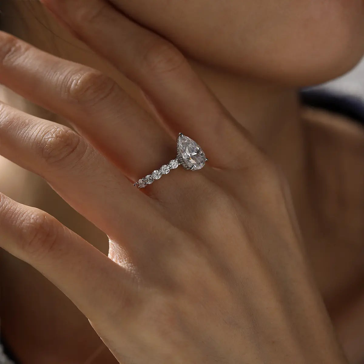 3ct Pear Cut Moissanite Engagement Ring in Sterling Silver with Side Stones