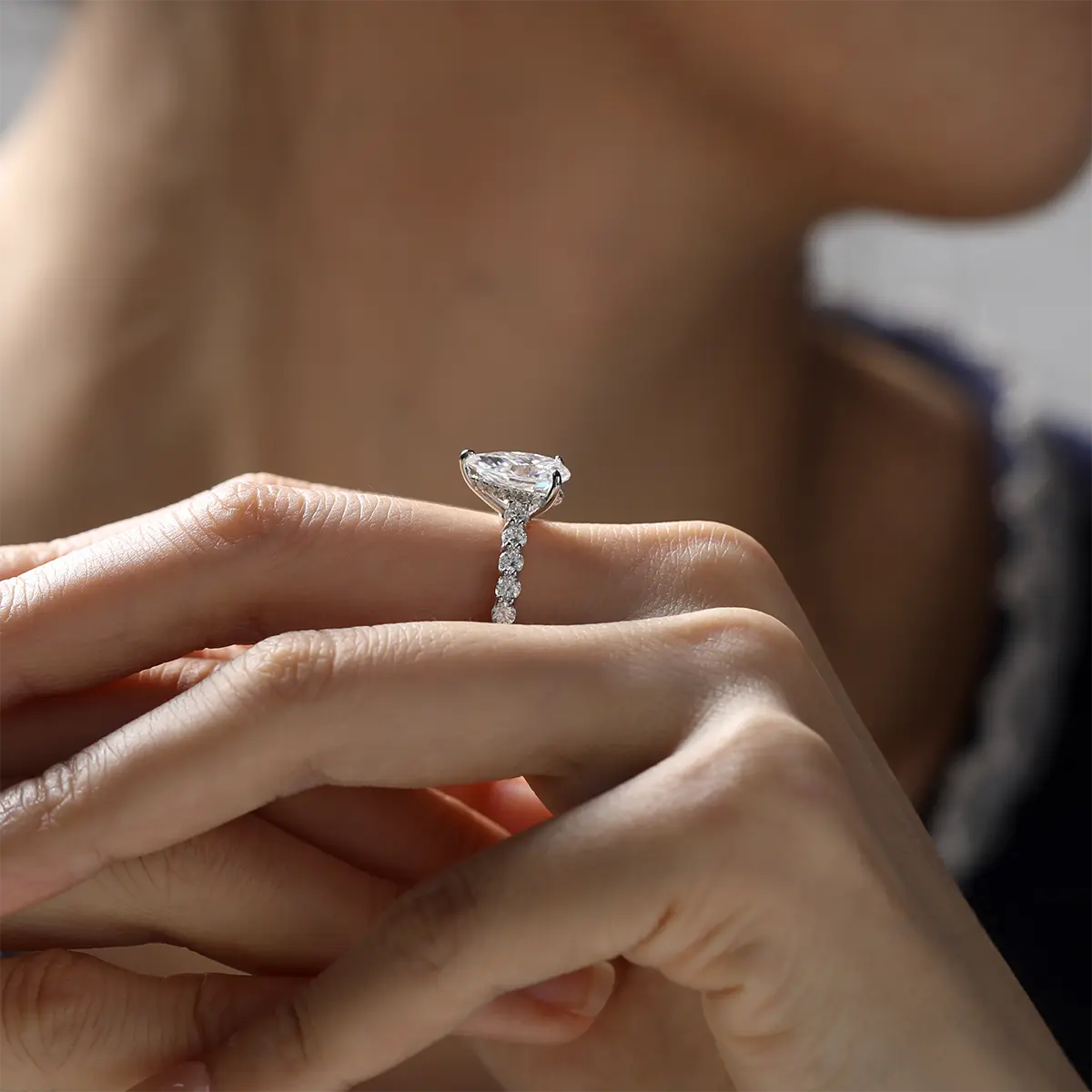 3ct Pear Cut Moissanite Engagement Ring in Sterling Silver with Side Stones