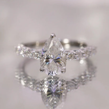 3ct Pear Cut Moissanite Engagement Ring in Sterling Silver with Side Stones