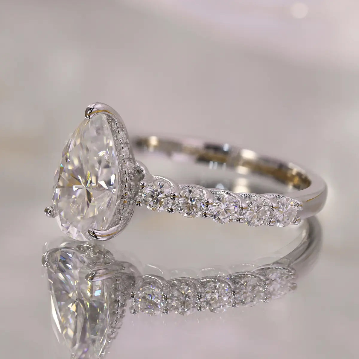 3ct Pear Cut Moissanite Engagement Ring in Sterling Silver with Side Stones