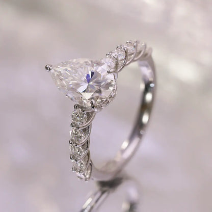 3ct Pear Cut Moissanite Engagement Ring in Sterling Silver with Side Stones