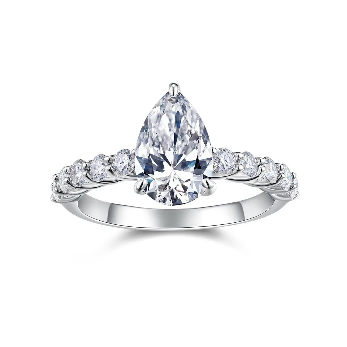 3ct Pear Cut Moissanite Engagement Ring in Sterling Silver with Side Stones