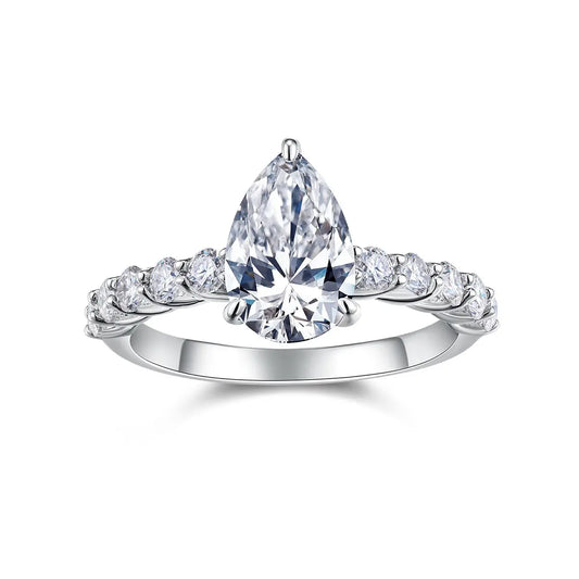 3ct Pear Cut Moissanite Engagement Ring in Sterling Silver with Side Stones