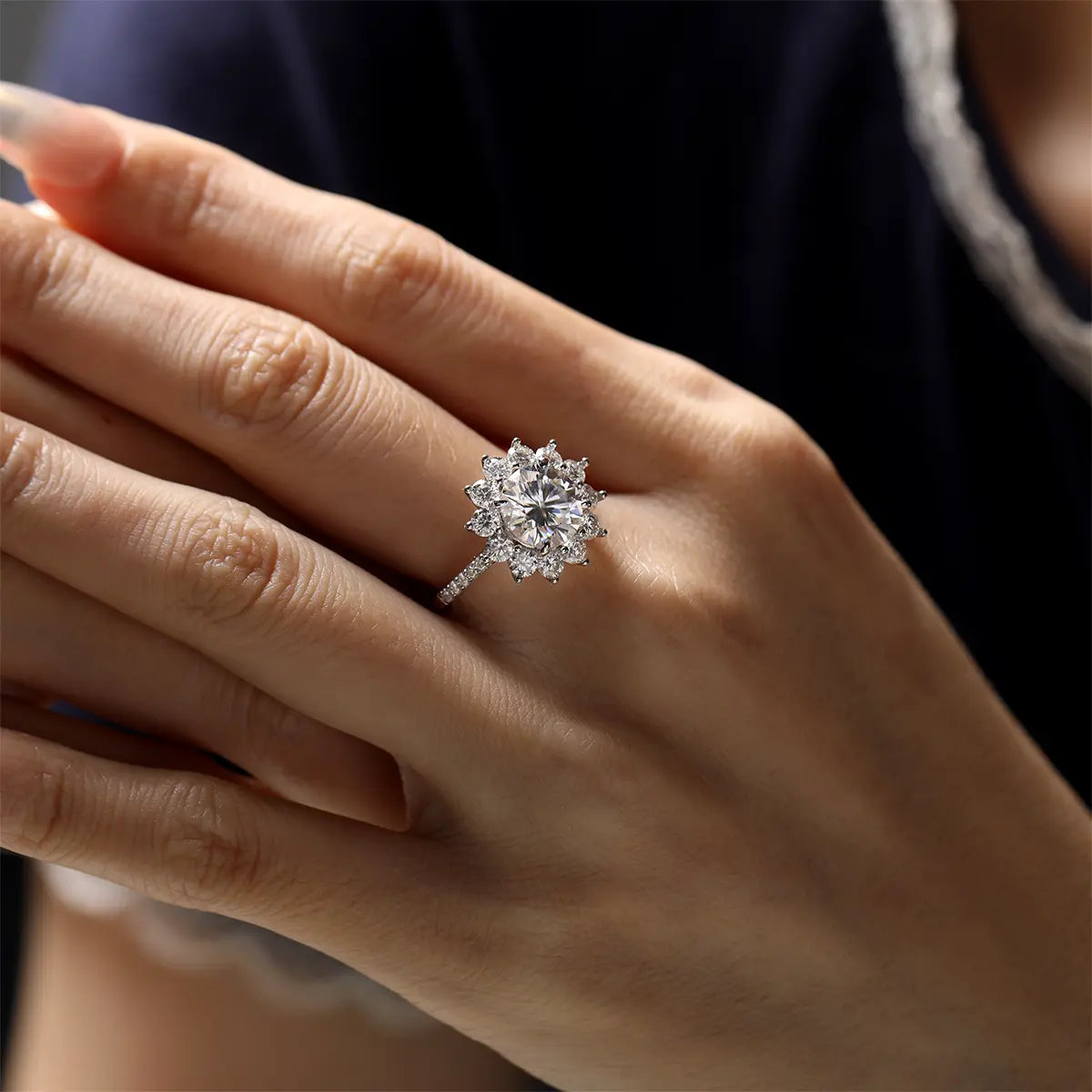 3ct Sunflower Moissanite Engagement Ring with 8 Heart 8 Arrow Cut