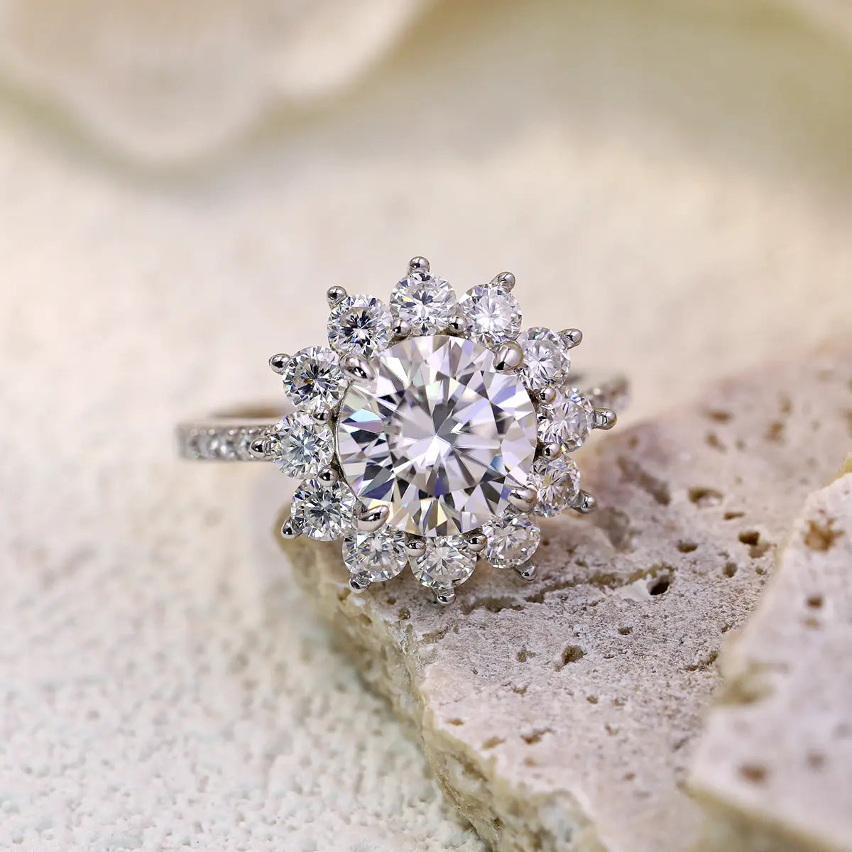 3ct Sunflower Moissanite Engagement Ring with 8 Heart 8 Arrow Cut