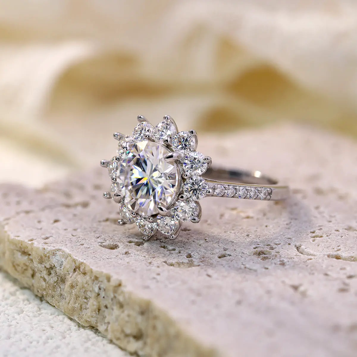 3ct Sunflower Moissanite Engagement Ring with 8 Heart 8 Arrow Cut