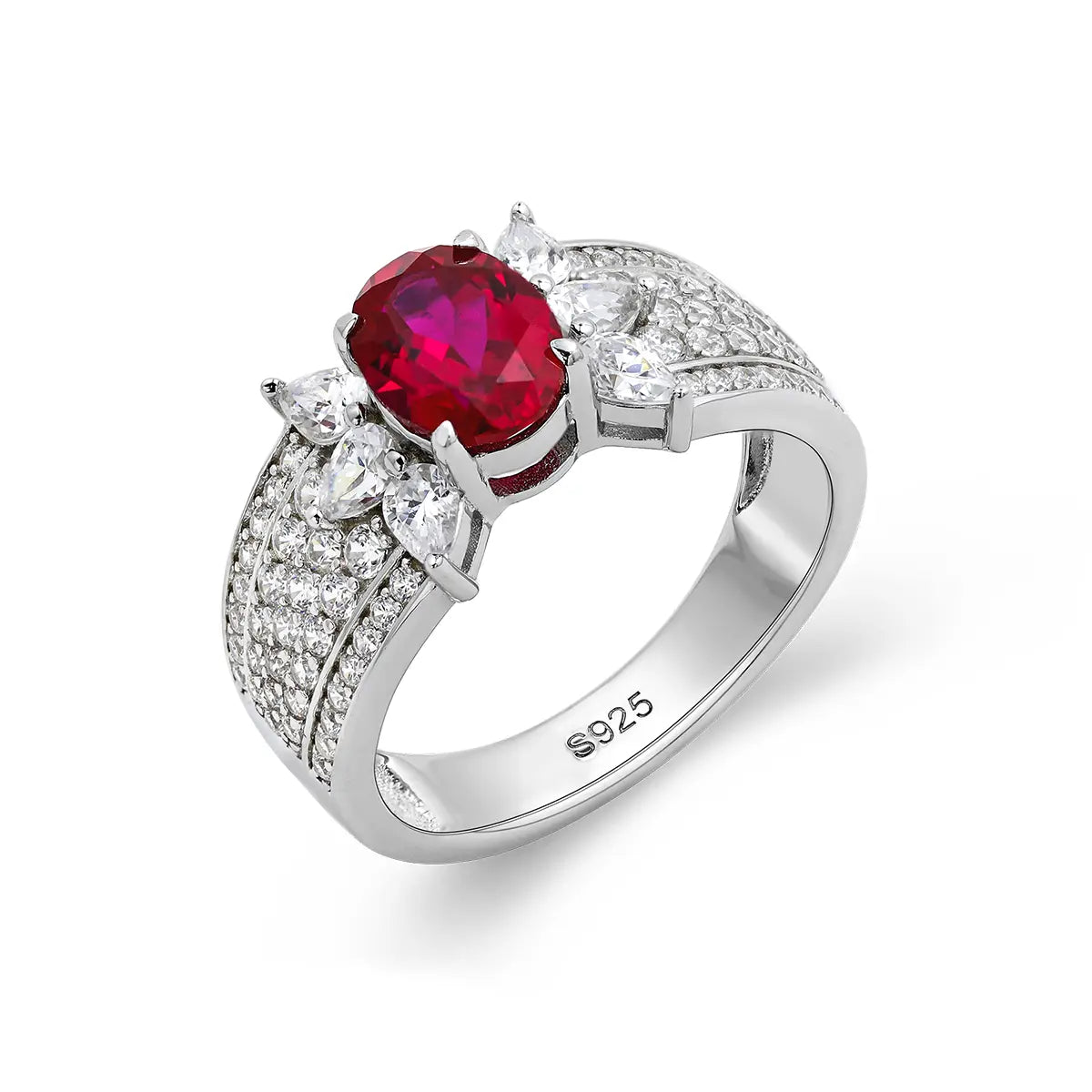 Romantic ruby promise ring with marquise CZ side stones, vintage design