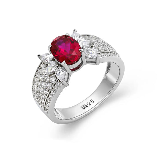 Romantic ruby promise ring with marquise CZ side stones, vintage design