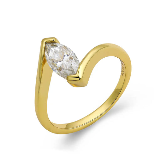 Twisted semi-bezel marquise moissanite solitaire ring, modern gold plated silver design