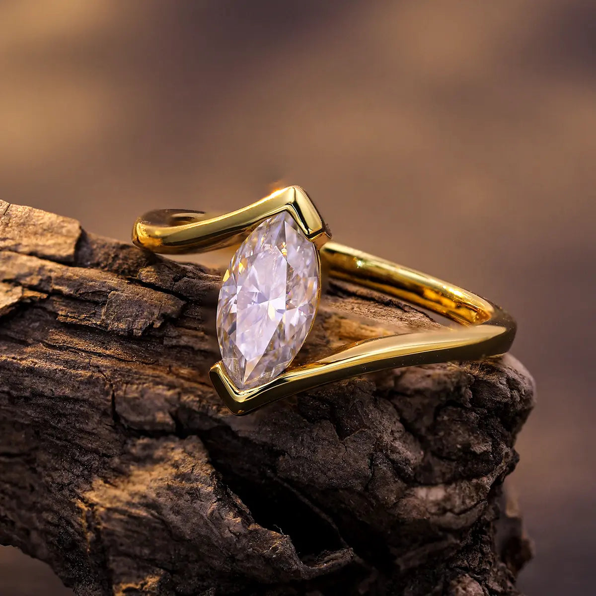 Twisted semi-bezel marquise moissanite solitaire ring, modern gold plated silver design