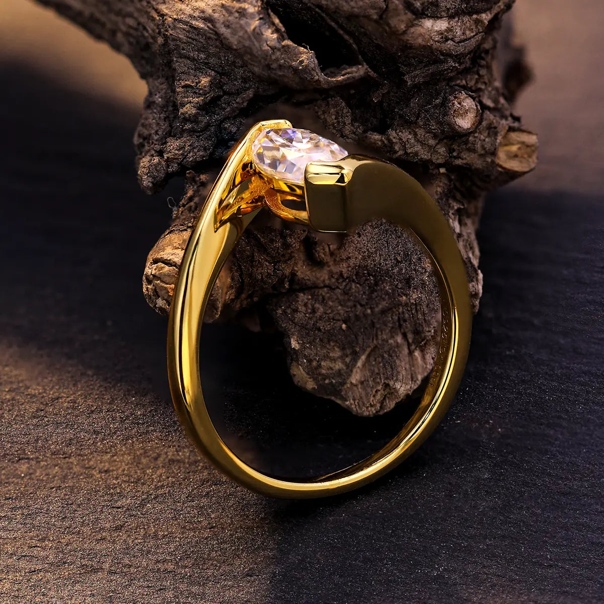 Twisted semi-bezel marquise moissanite solitaire ring, modern gold plated silver design