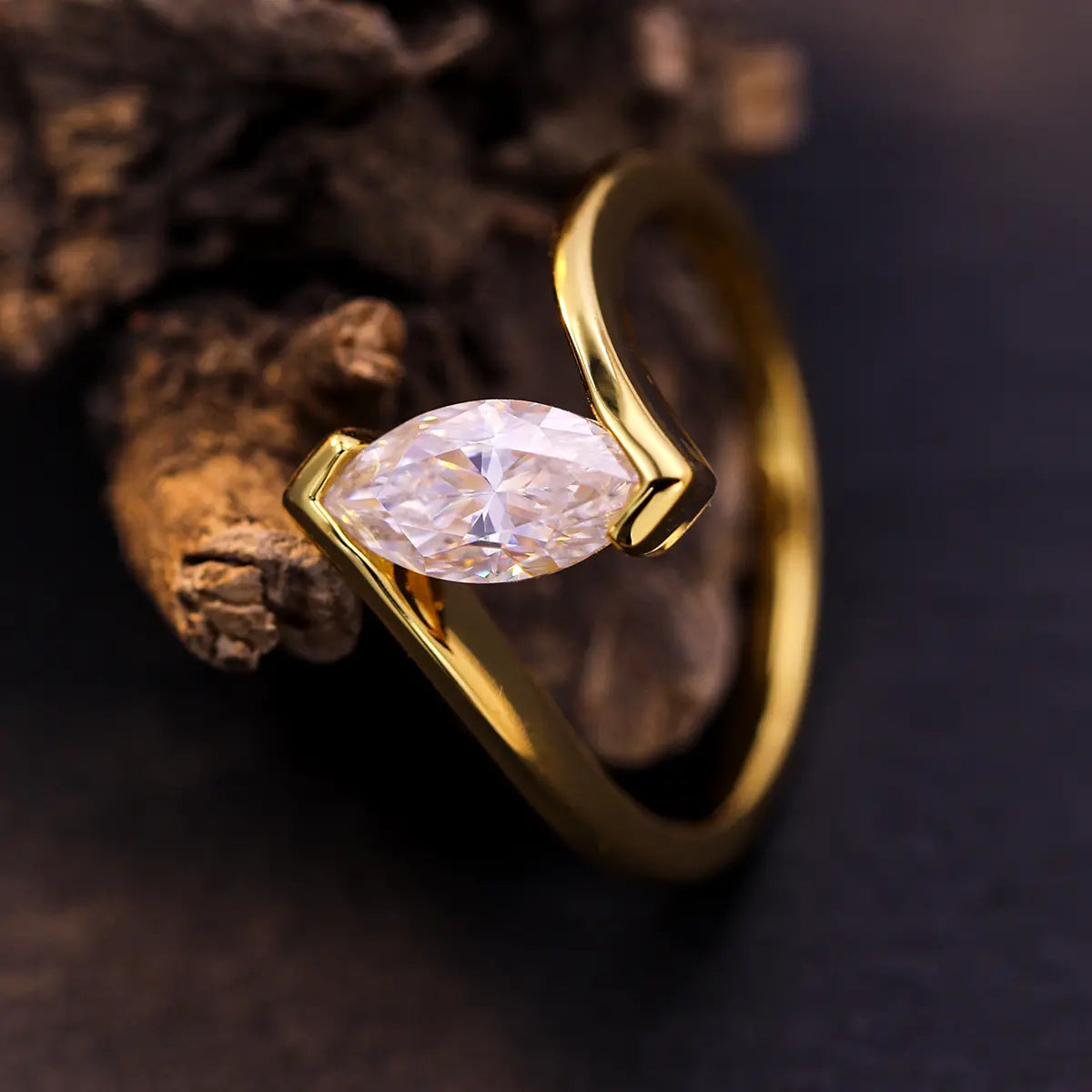 Twisted semi-bezel marquise moissanite solitaire ring, modern gold plated silver design