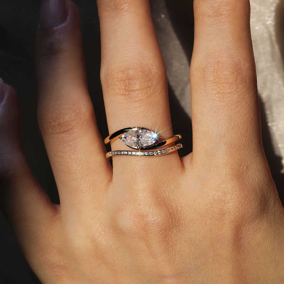 Versatile oval cut moissanite ring set, stackable or standalone, ideal for engagement or anniversary gift