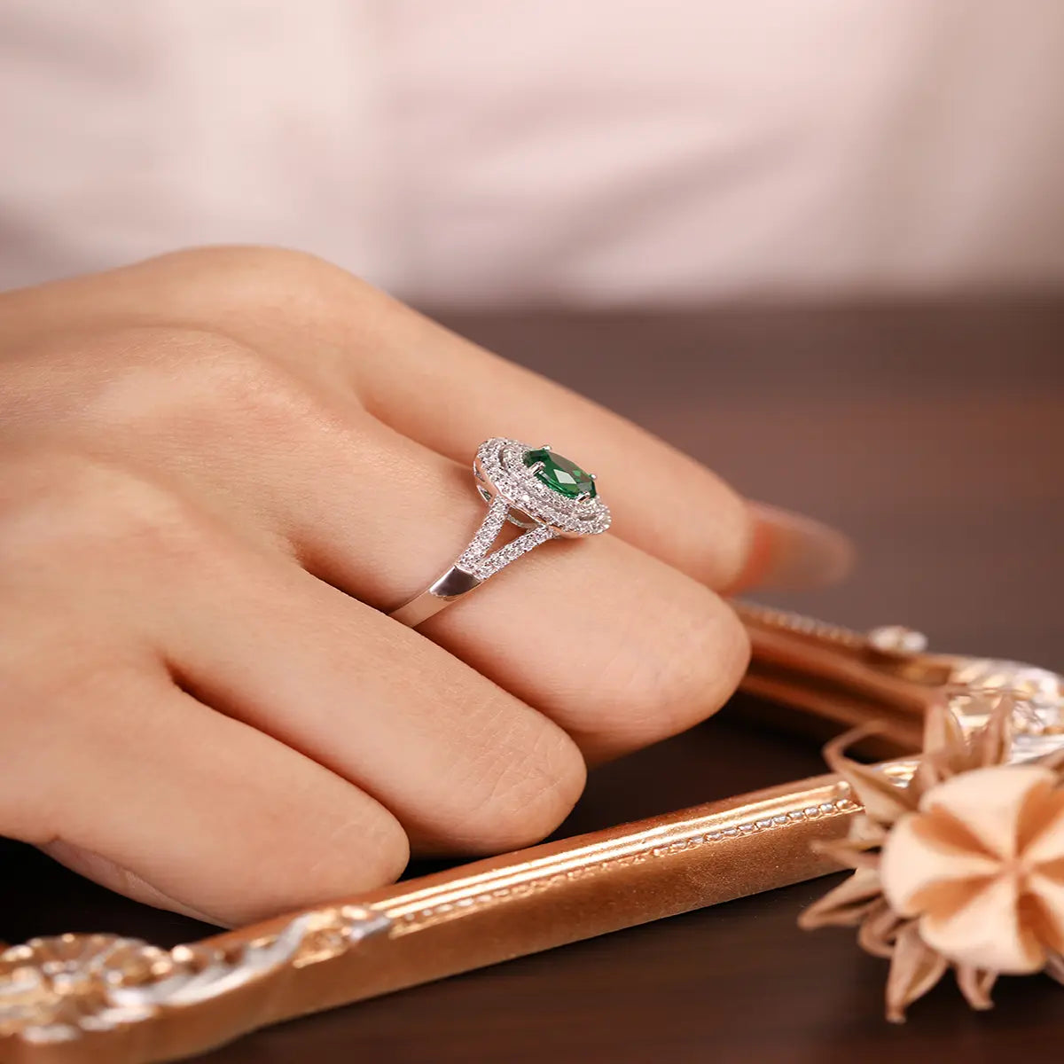 Sterling silver split shank ring with 1.35ct green YAG center stone and white CZ details