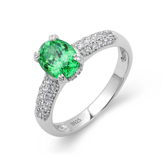 Verdant Grace ring with 8x6mm oval green YAG gemstone and CZ accents in sterling silver