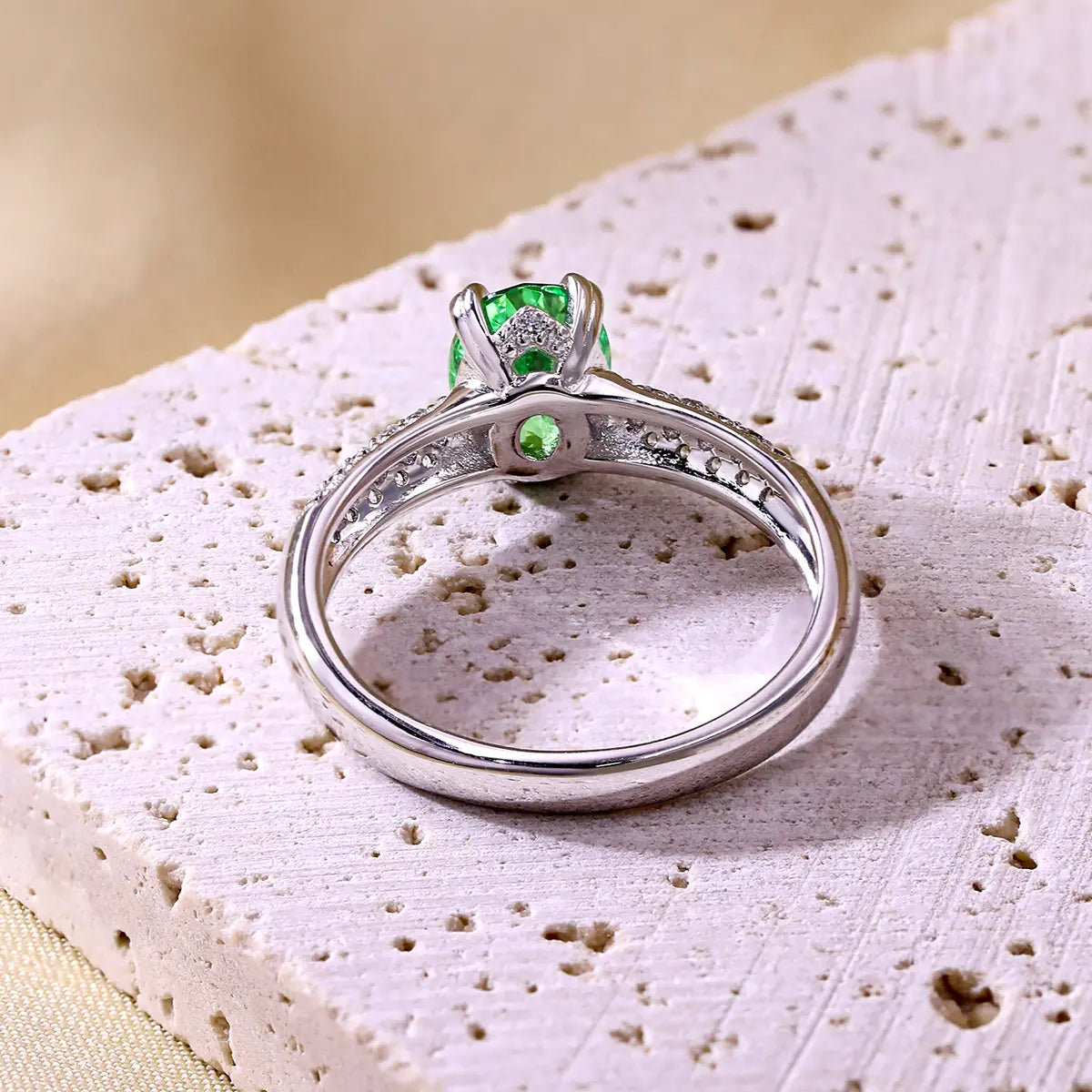 Verdant Grace ring with 8x6mm oval green YAG gemstone and CZ accents in sterling silver