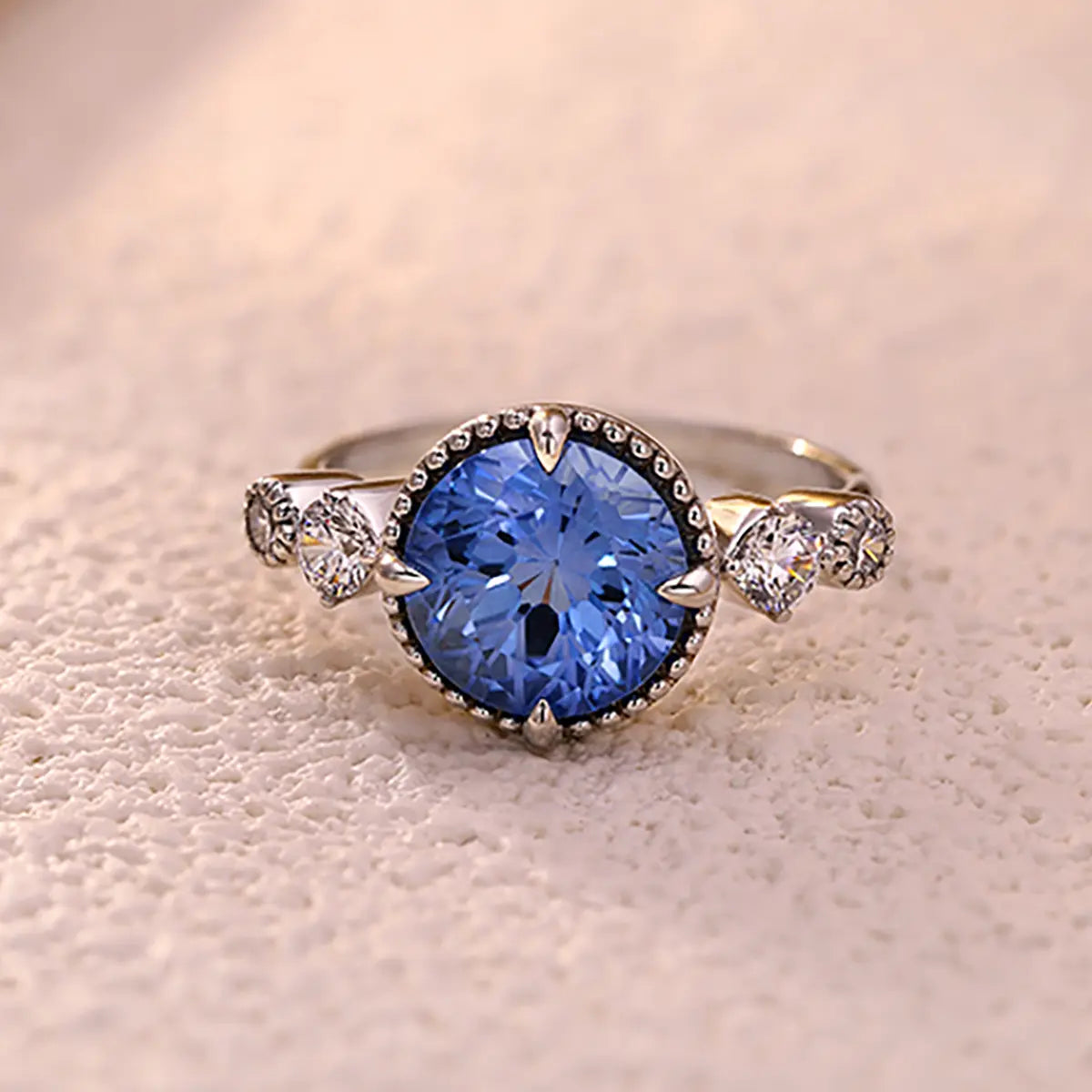 Snowveil Blue Ring with 3.9ct round cornflower sapphire in sterling silver