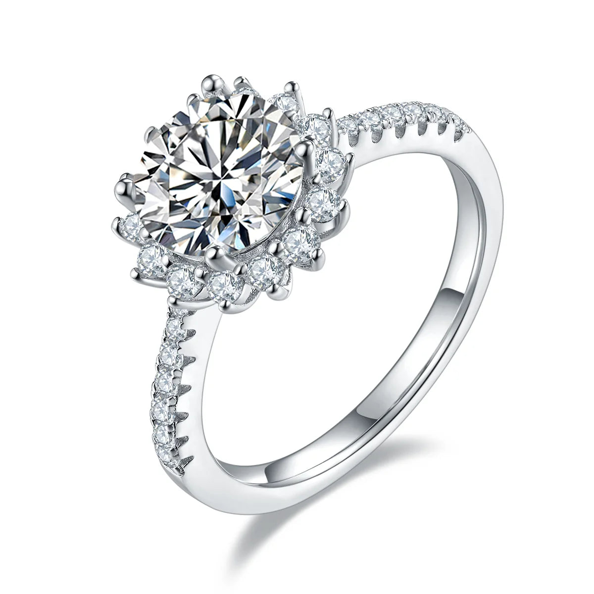 Sunflower-inspired engagement ring featuring 2ct moissanite and delicate silver band