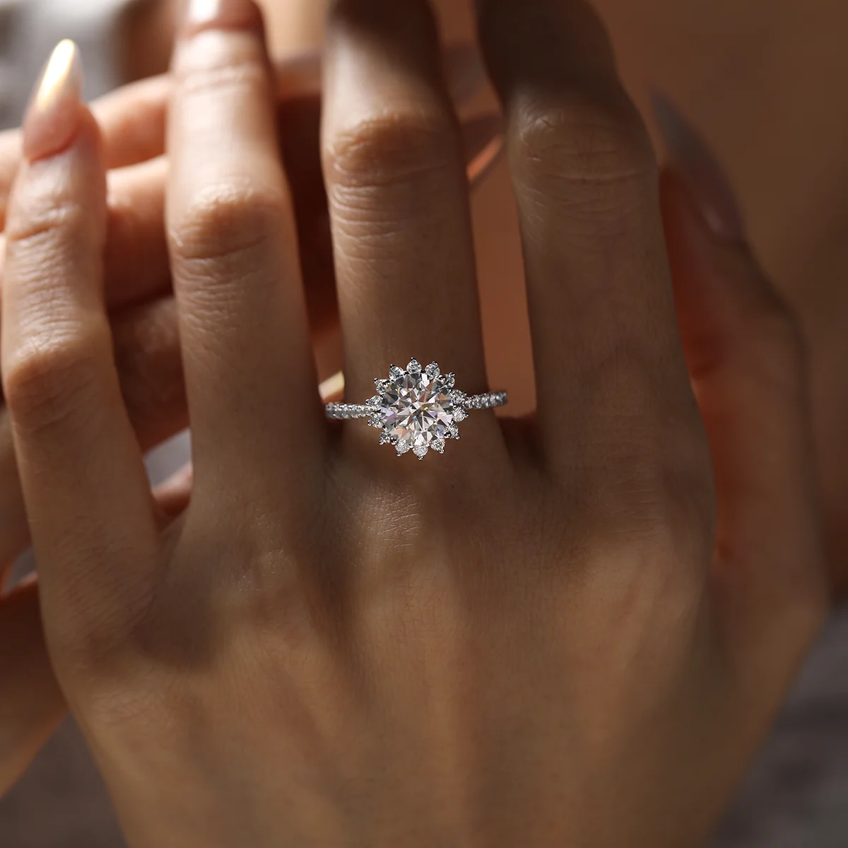 Sunflower-inspired engagement ring featuring 2ct moissanite and delicate silver band
